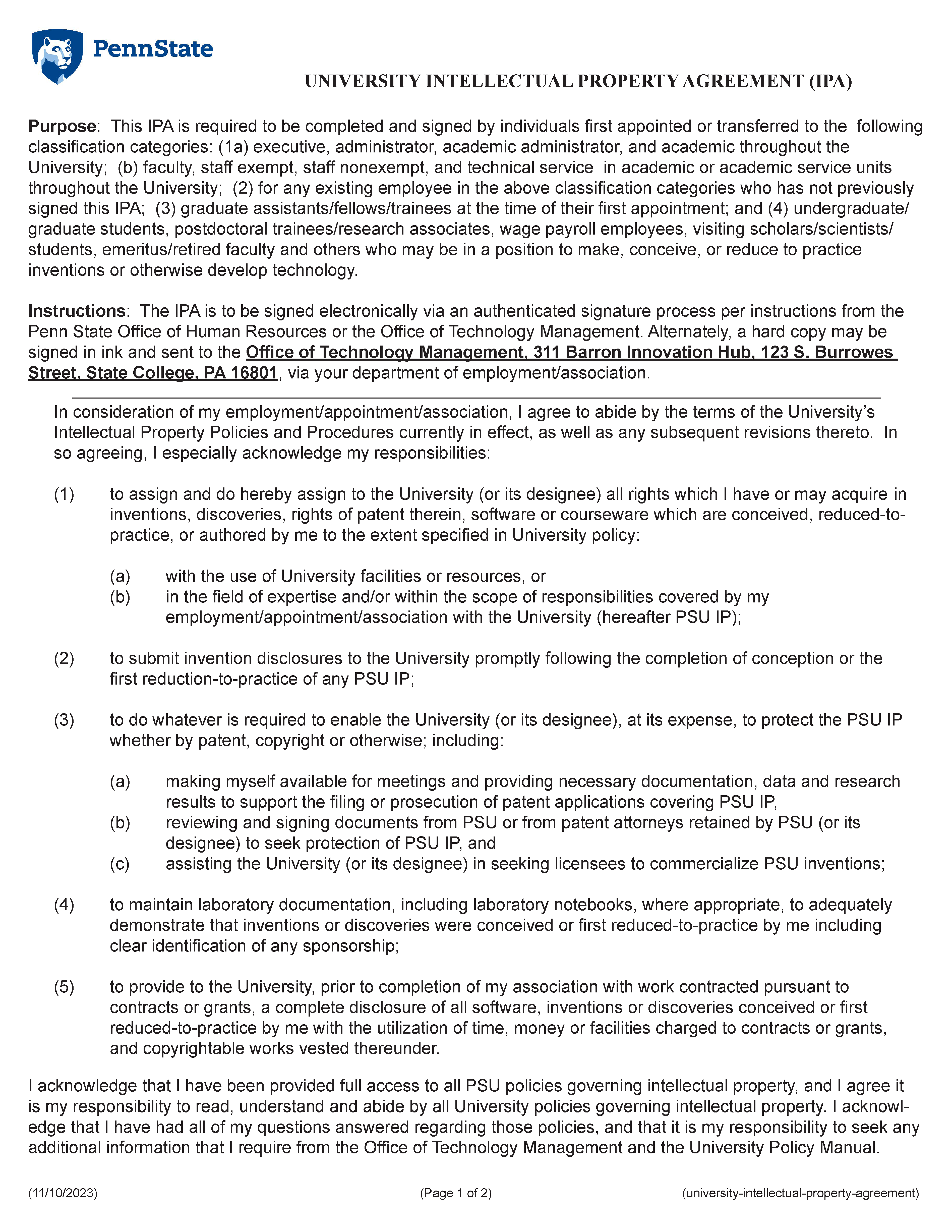 Image of University Intellectual Property Agreement (Page 1)